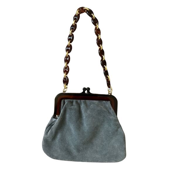 Vintage Walborg Suede Evening Bag – Grey Suede, Tortoise Lucite Frame & Chain - Picture 5 of 6